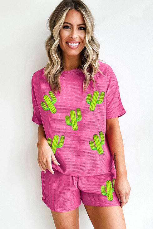 Rose Red Western Cactus Patched Textured Two Piece Shorts Set